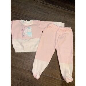 Vintage Baby Kisses Overalls 3-6 Months Pink Stripes Teddy‎ Bear  2 Piece Outfit